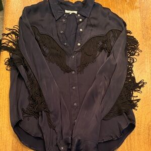 Ganni navy Fringe Button-Up Top